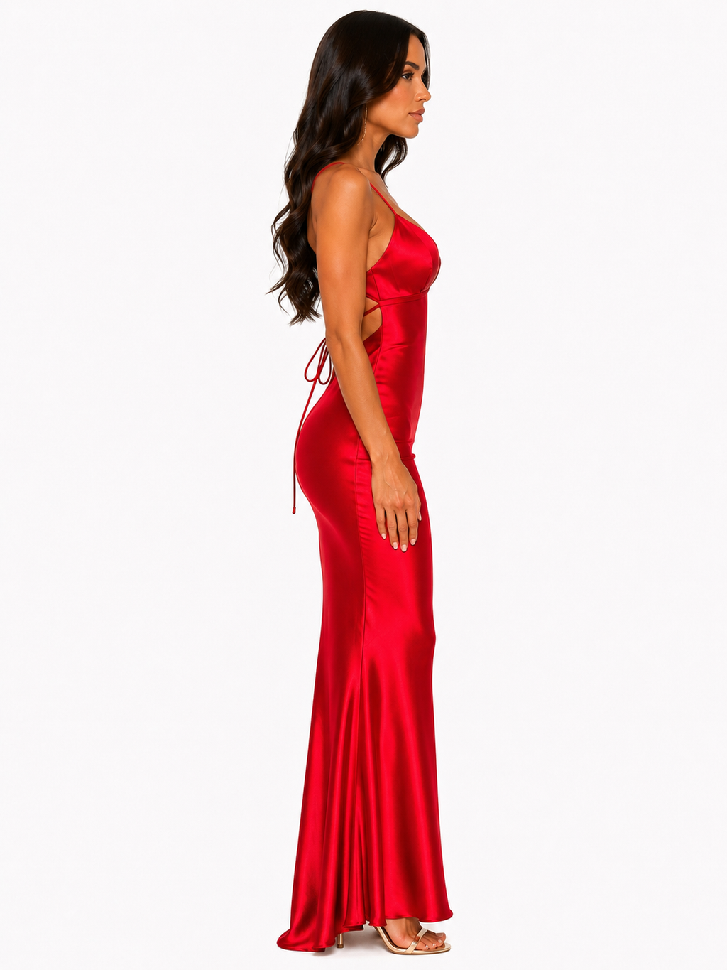 Robe Longue Satinée Dos nu Sculptante -Rouge