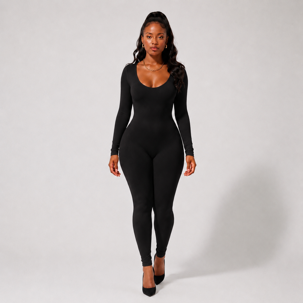 Combinaison Gainante Col Rond En Tissu Stretch - Noir