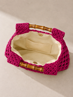 Sac Carré Tissé à Main avec Poignée Bambou Ajourée - Rose