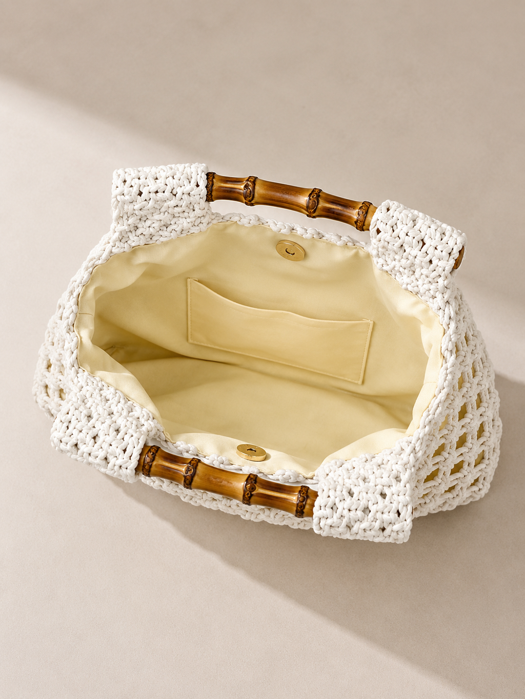 Sac Carré Tissé à Main avec Poignée Bambou Ajourée - Blanc
