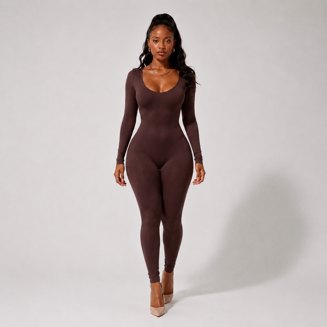 Combinaison Gainante Col Rond En Tissu Stretch - Marron