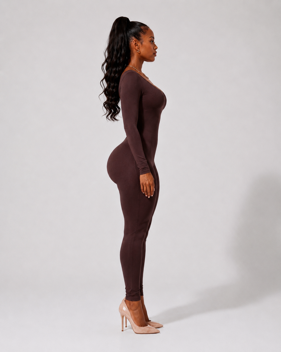 Combinaison Gainante Col Rond En Tissu Stretch - Marron