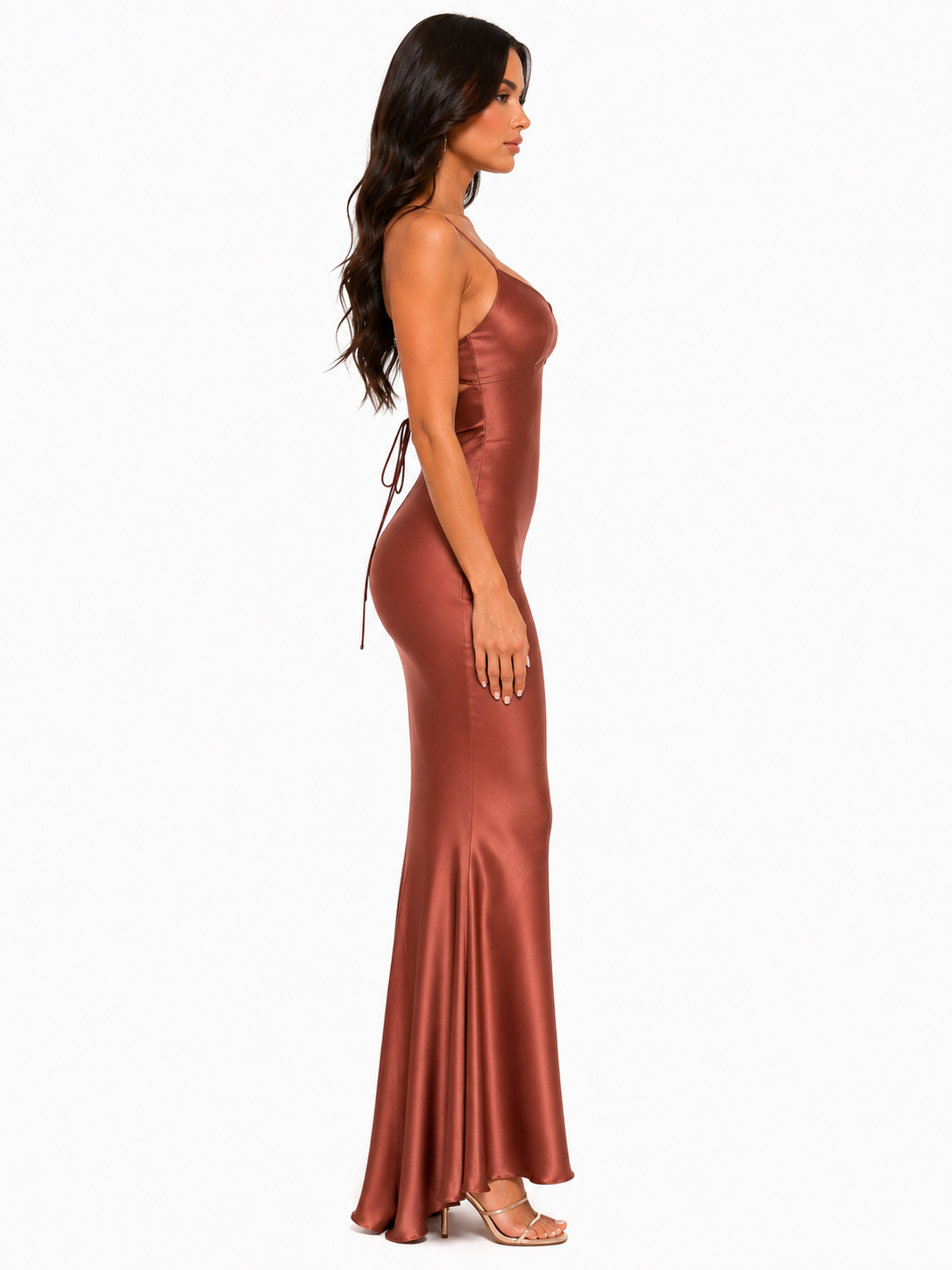 Robe Longue Satinée Dos nu Sculptante - Marron