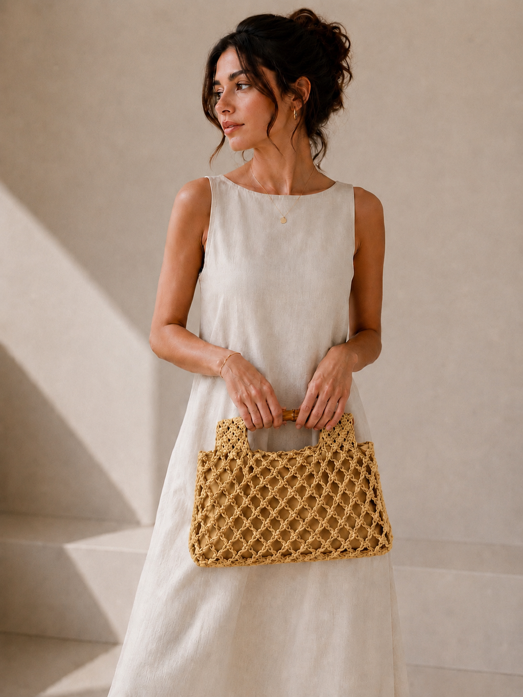 Sac Carré Tissé à Main avec Poignée Bambou Ajourée - Came