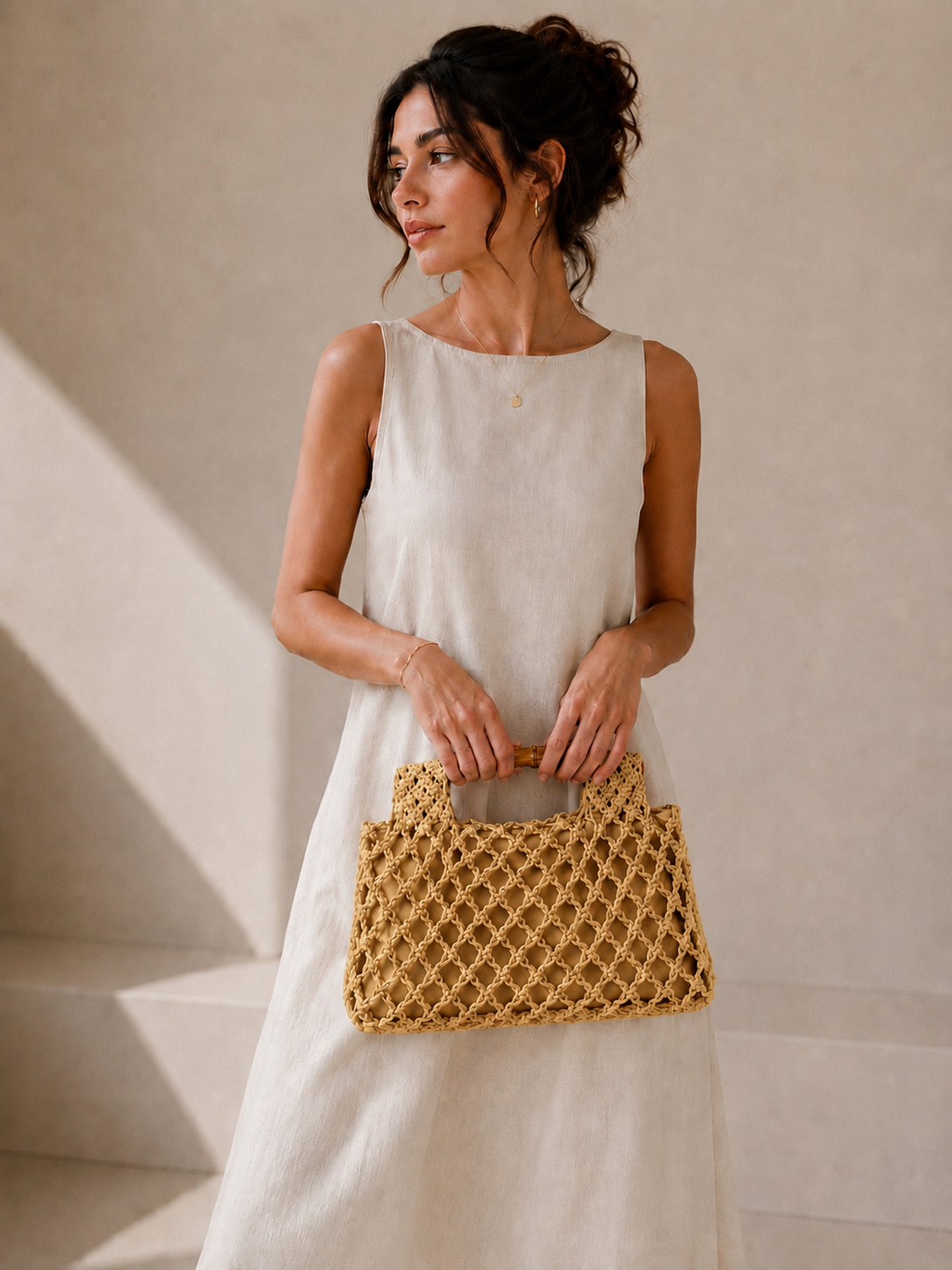 Sac Carré Tissé à Main avec Poignée Bambou Ajourée - Came