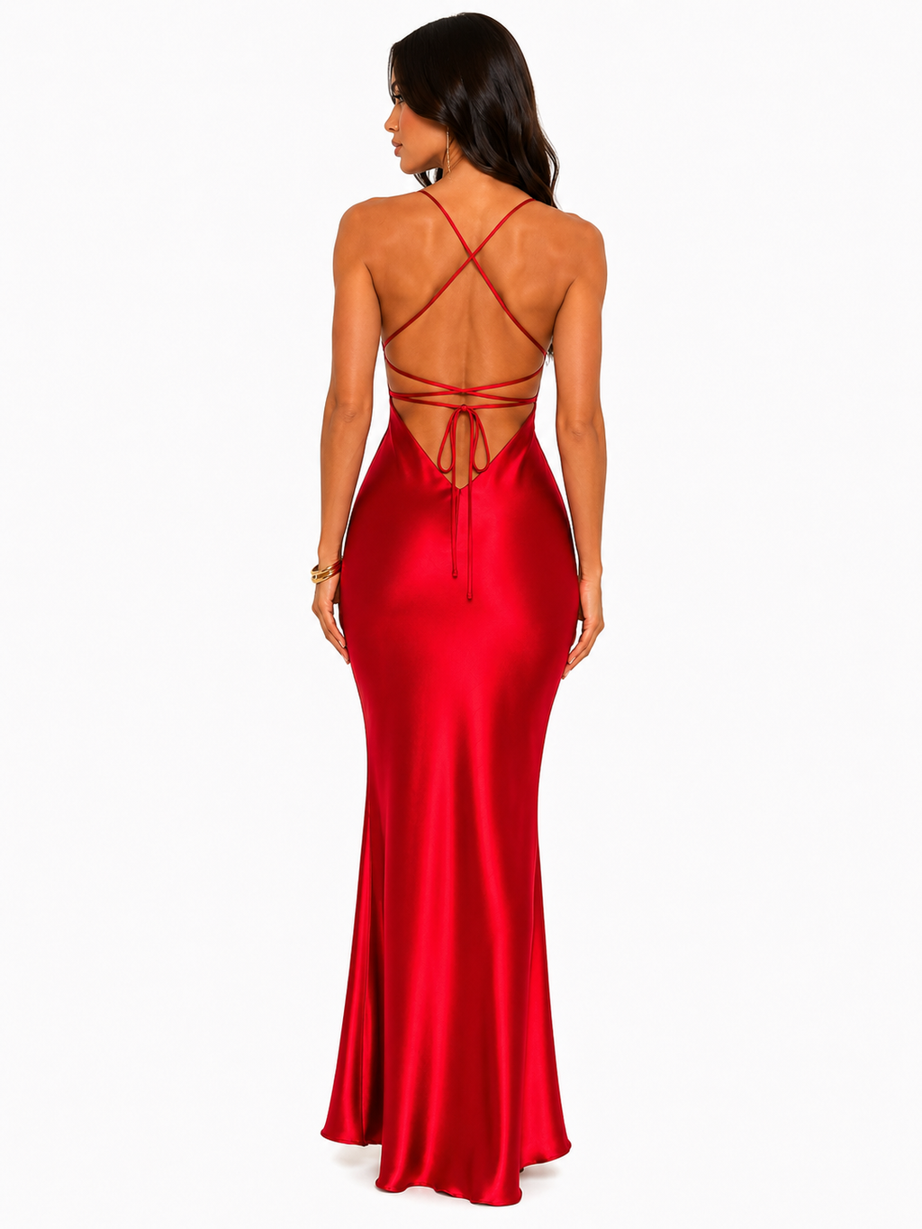Robe Longue Satinée Dos nu Sculptante -Rouge