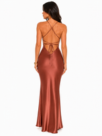 Robe Longue Satinée Dos nu Sculptante - Marron