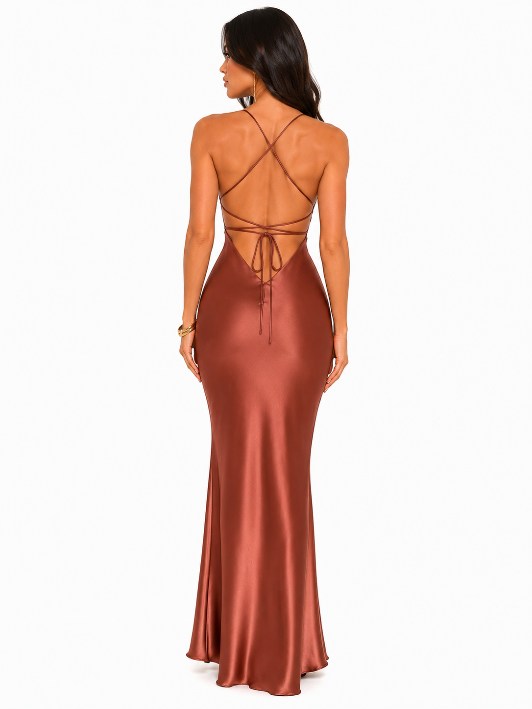 Robe Longue Satinée Dos nu Sculptante - Marron
