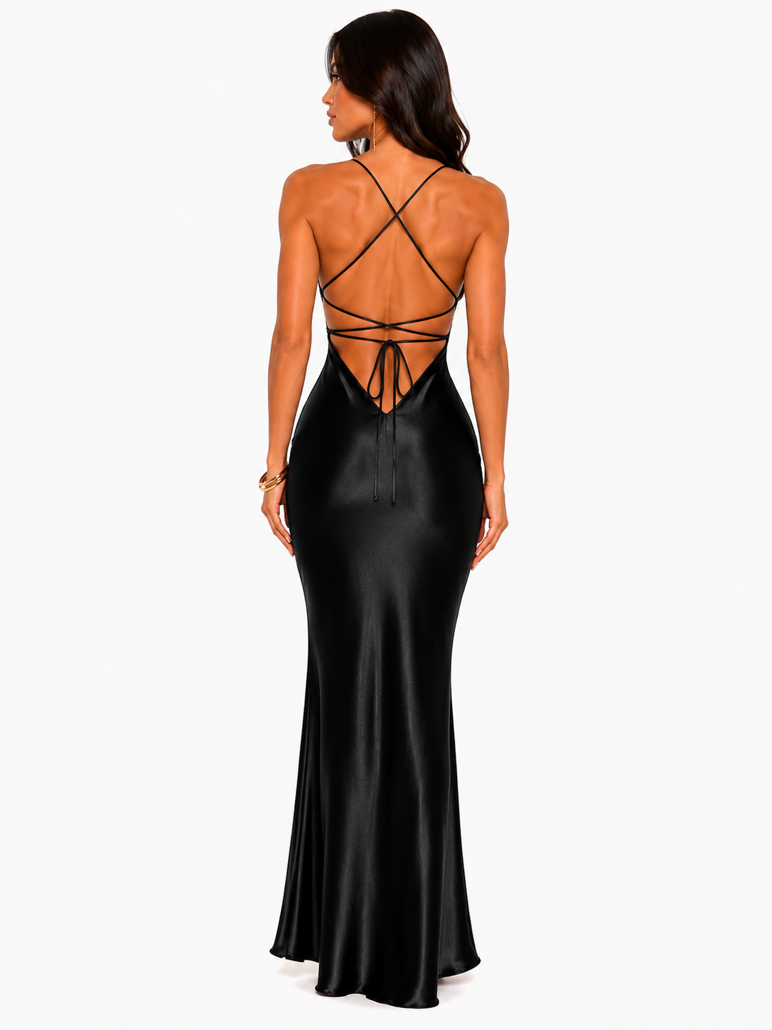 Robe Longue Satinée Dos nu Sculptante - Noir