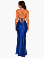 Robe Longue Satinée Dos nu Sculptante - Bleu