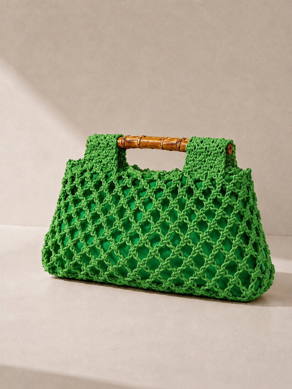 Sac Carré Tissé à Main avec Poignée Bambou Ajourée - Vert