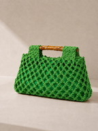 Sac Carré Tissé à Main avec Poignée Bambou Ajourée - Vert