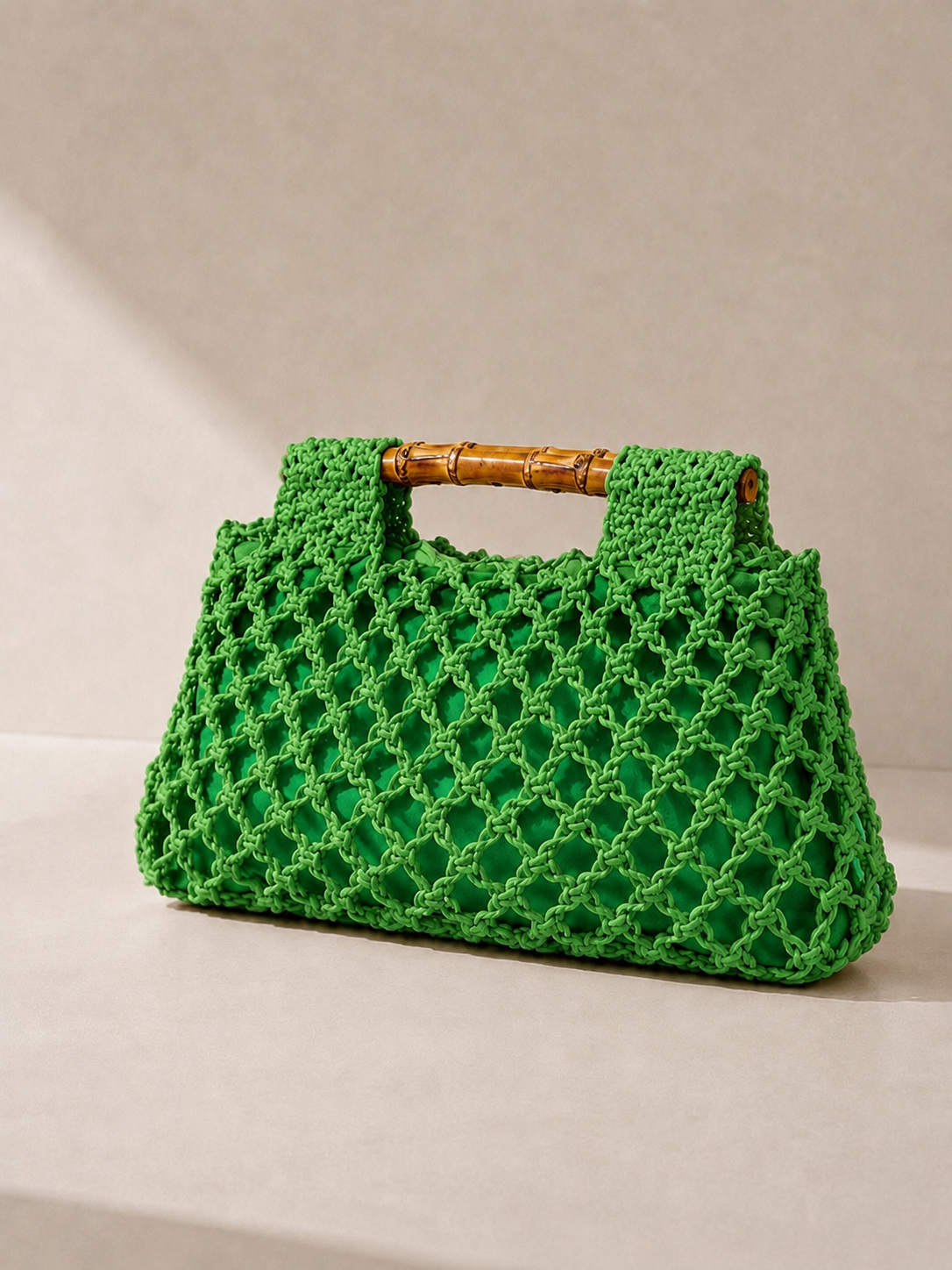 Sac Carré Tissé à Main avec Poignée Bambou Ajourée - Vert