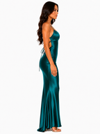Robe Longue Satinée Dos nu Sculptante - Vert