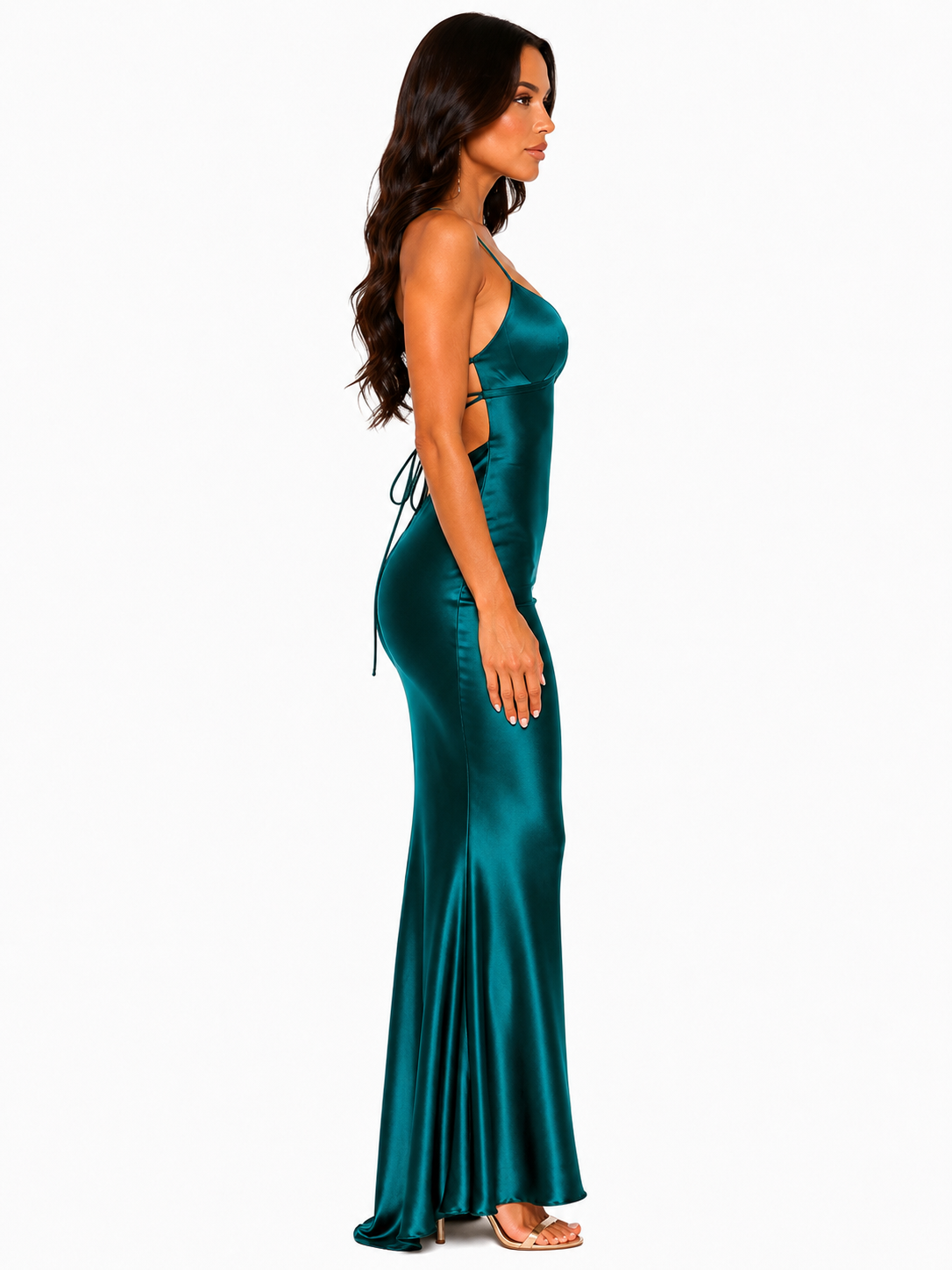 Robe Longue Satinée Dos nu Sculptante - Vert