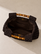 Sac Carré Tissé à Main avec Poignée Bambou Ajourée - Moka