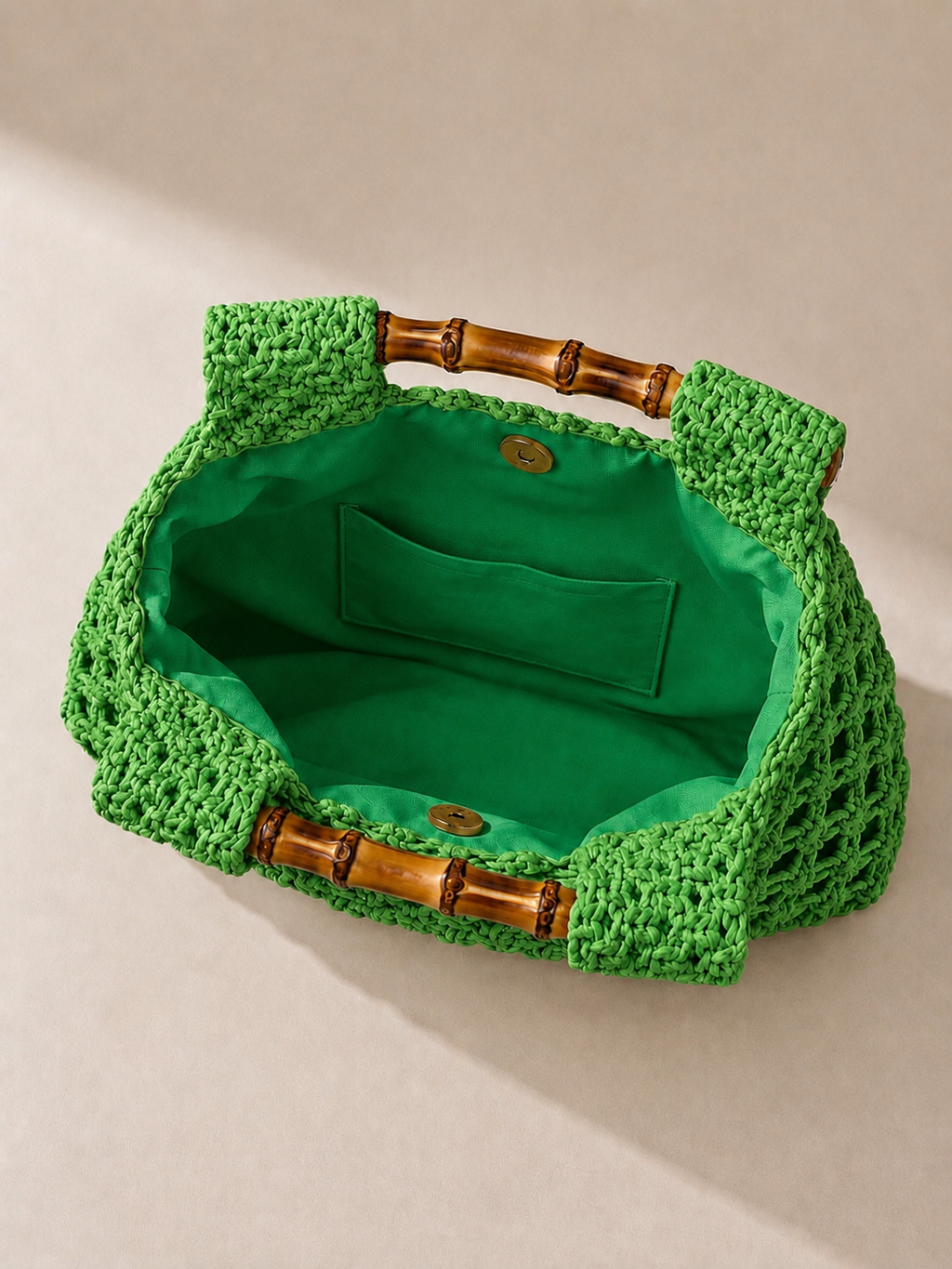 Sac Carré Tissé à Main avec Poignée Bambou Ajourée - Vert