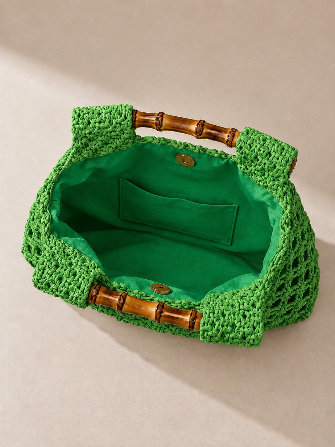 Sac Carré Tissé à Main avec Poignée Bambou Ajourée - Vert