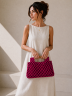 Sac Carré Tissé à Main avec Poignée Bambou Ajourée - Rose