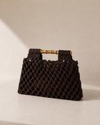Sac Carré Tissé à Main avec Poignée Bambou Ajourée - Moka